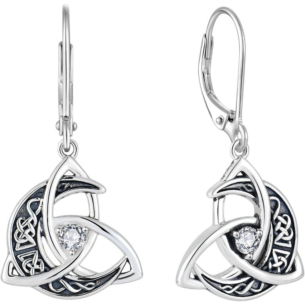 Trinity Celtic Moon Silver Dangle Earrings With C… - image 1